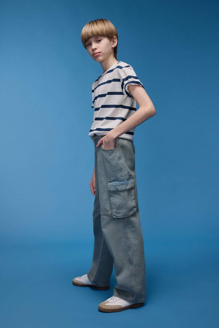 Erkek Çocuk Beli Lastikli Kargo Cepli Düz Paça Jean Pantolon
