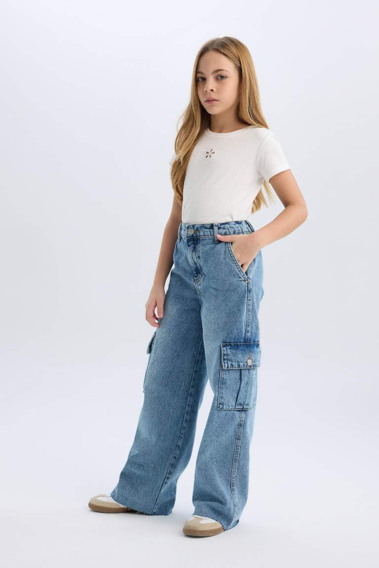 Pantalon jean cargo à jambes larges pour fille