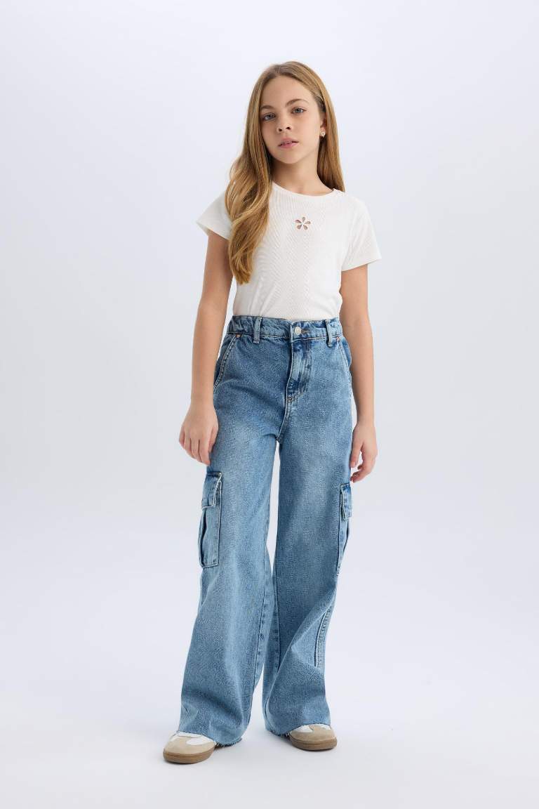 Girl Wide Leg Cotton Cargo Jeans