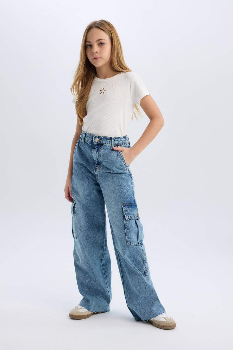 Pantalon jean cargo à jambes larges pour fille