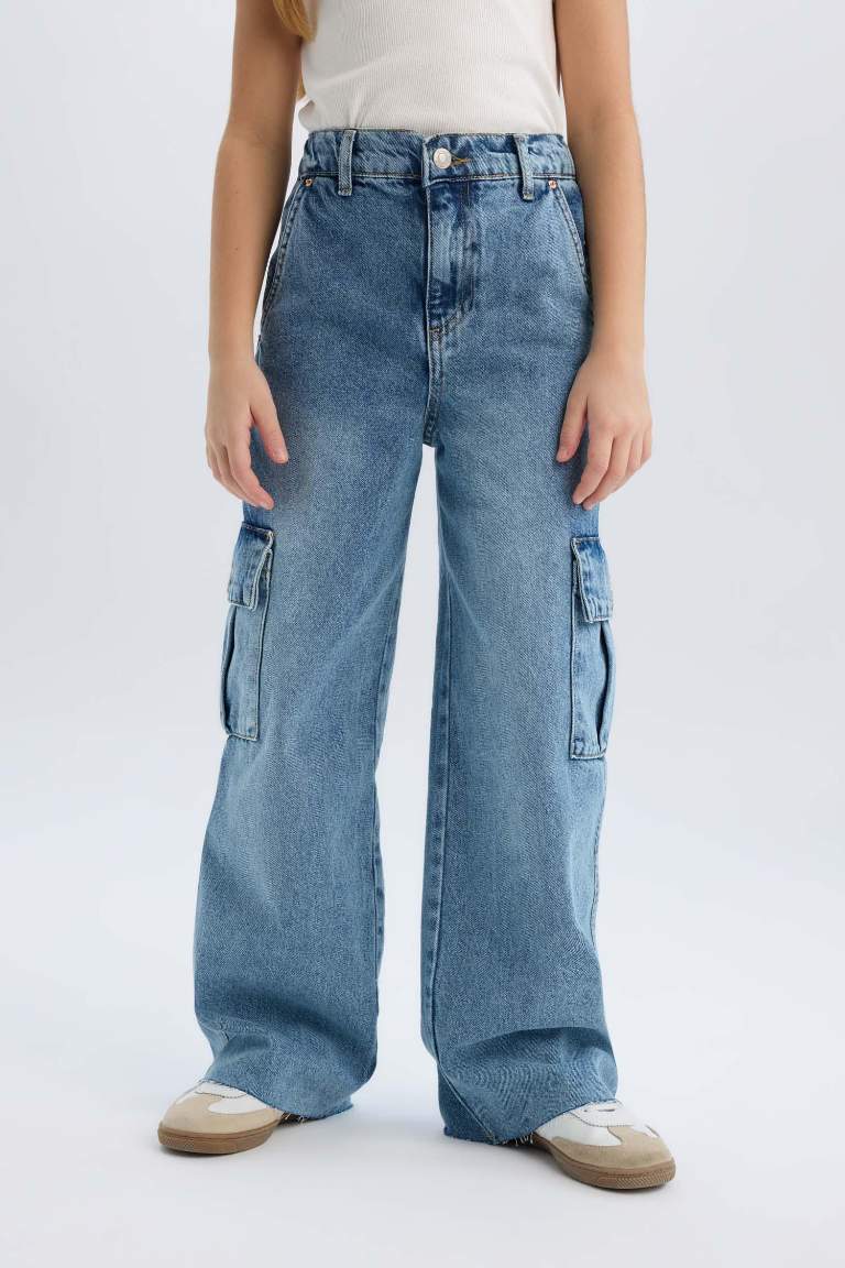 Girl Wide Leg Cotton Cargo Jeans