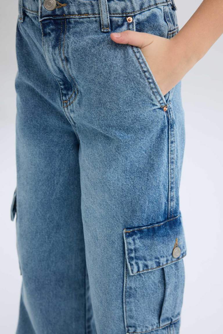 Girl Wide Leg Cotton Cargo Jeans