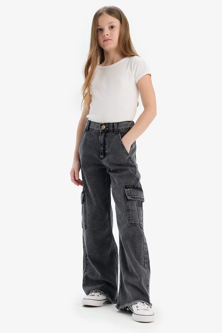 Pantalon Jean cargo à jambes larges avec poches pour fille