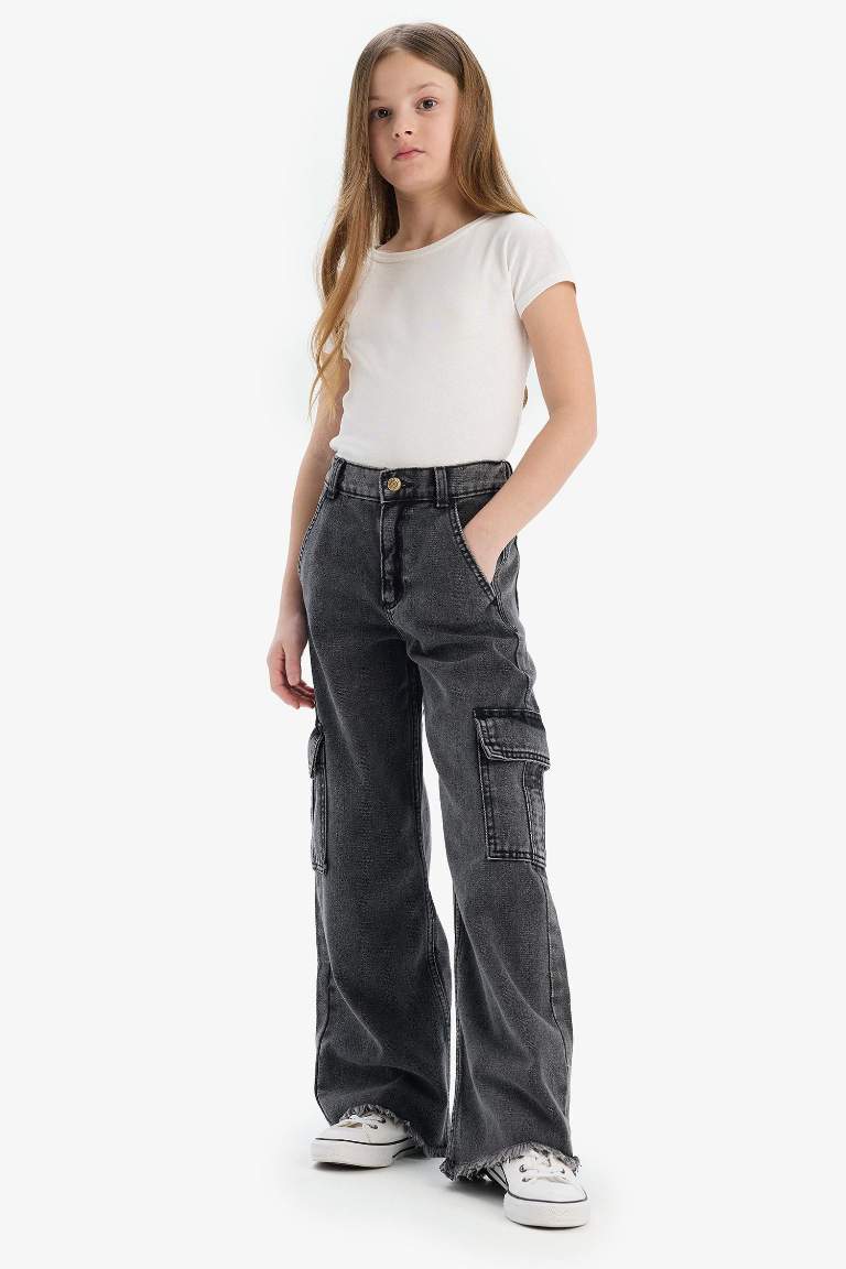 Kız Çocuk Wide Leg Kargo Geniş Bol Paça Pamuklu Jean Pantolon