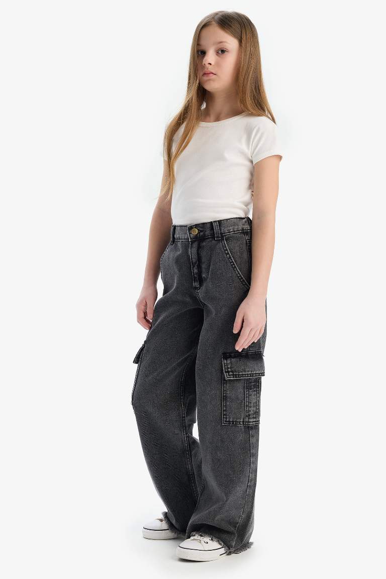 Pantalon Jean cargo à jambes larges avec poches pour fille