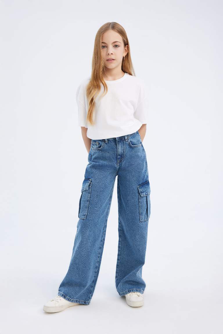 Pantalon Jean large à taille élastique pour fille