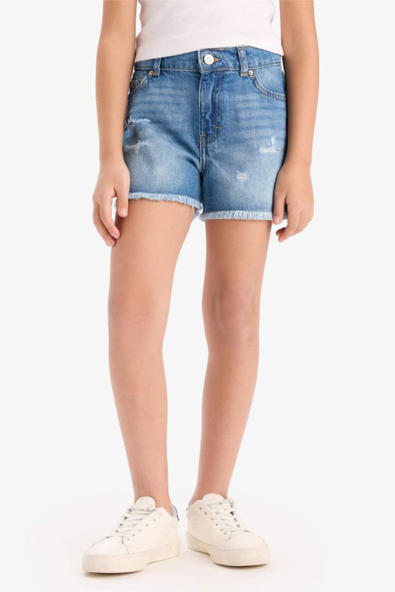 Girl Ripped Detailed Cotton Denim Shorts