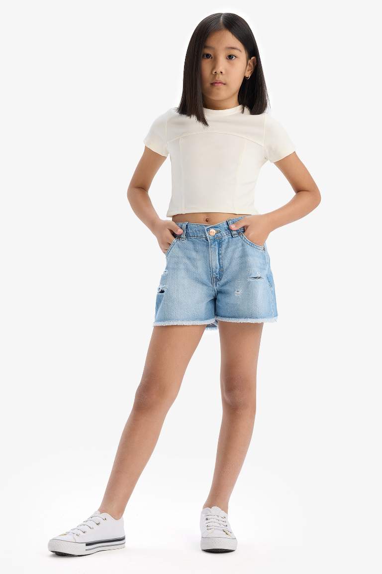 Girl Cotton with Ripped Details Jean Shorts