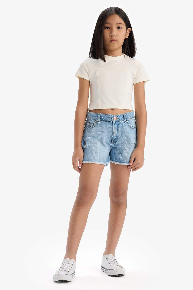 Girl Cotton with Ripped Details Jean Shorts