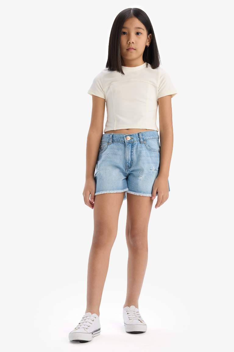 Girl Cotton with Ripped Details Jean Shorts