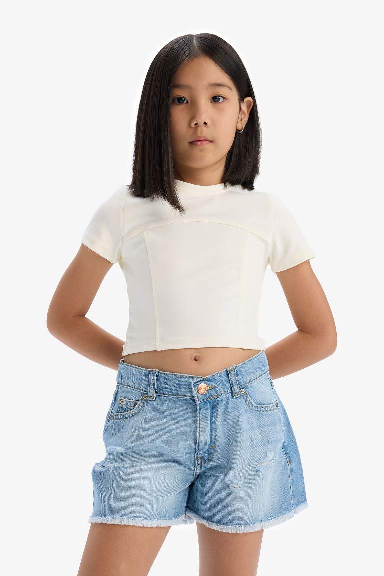 Girl Cotton with Ripped Details Jean Shorts