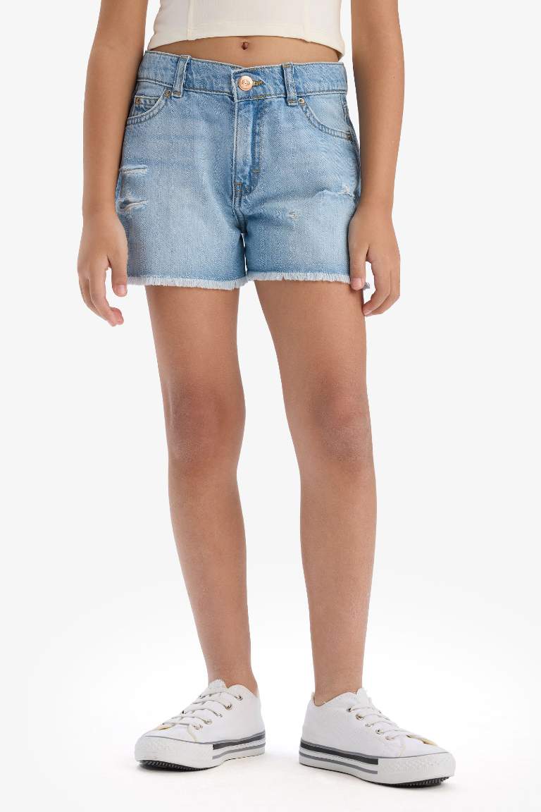 Girl Cotton with Ripped Details Jean Shorts