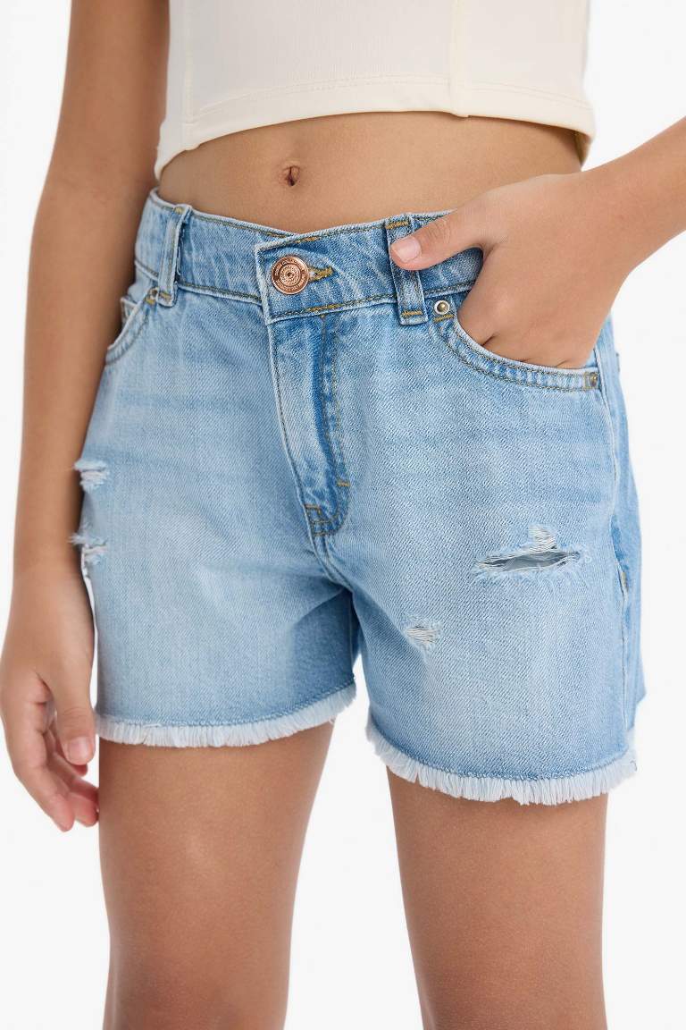 Girl Cotton with Ripped Details Jean Shorts