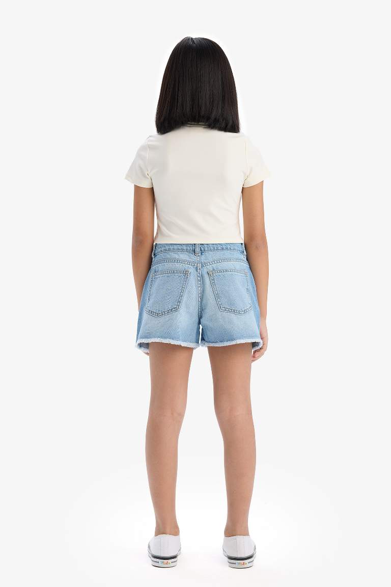 Girl Cotton with Ripped Details Jean Shorts