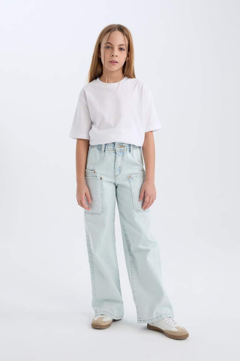 Girl Paperbag Cargo Wide Leg Cotton Trousers