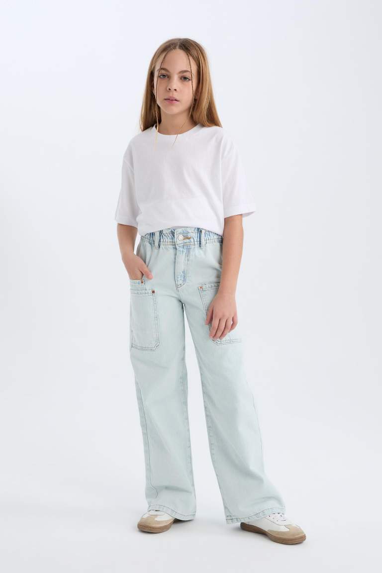 Girl Paperbag Cargo Wide Leg Cotton Trousers