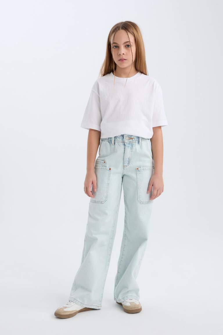 Girl Paperbag Cargo Wide Leg Cotton Trousers