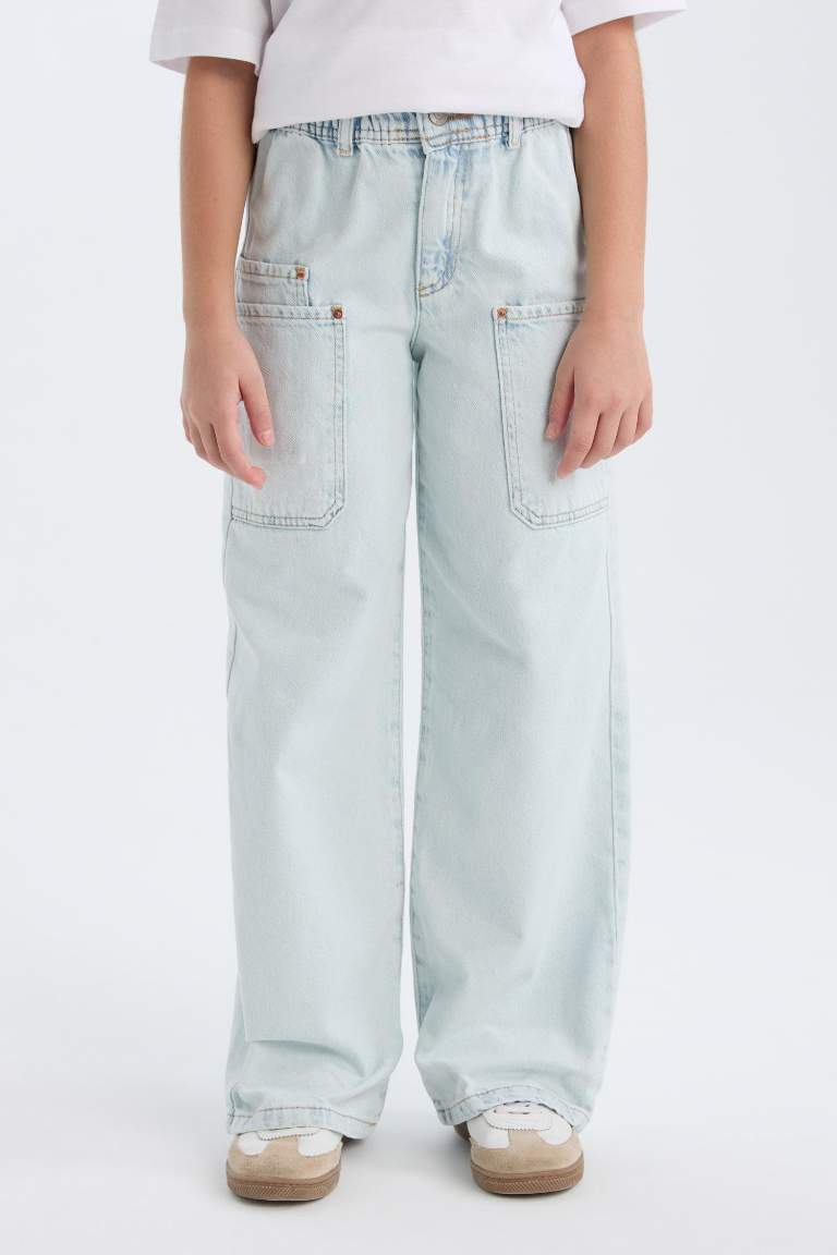 Girl Paperbag Cargo Wide Leg Cotton Trousers