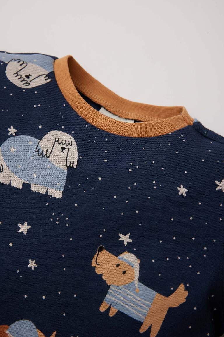 Erkek Bebek Pijama Takımı Bisiklet Yaka Baskılı Uzun Kollu Üst Beli Lastikli Uzun Alt