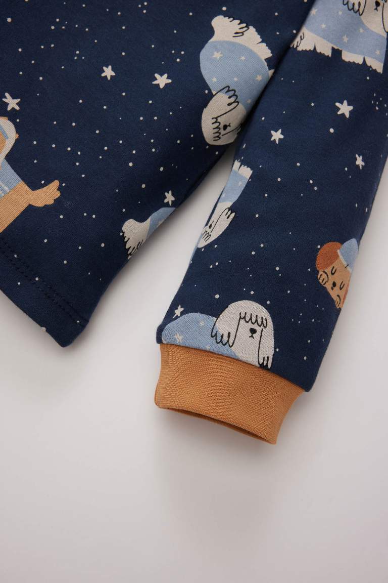 Erkek Bebek Pijama Takımı Bisiklet Yaka Baskılı Uzun Kollu Üst Beli Lastikli Uzun Alt