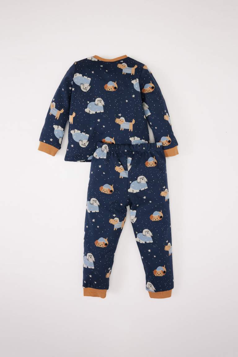 Erkek Bebek Pijama Takımı Bisiklet Yaka Baskılı Uzun Kollu Üst Beli Lastikli Uzun Alt