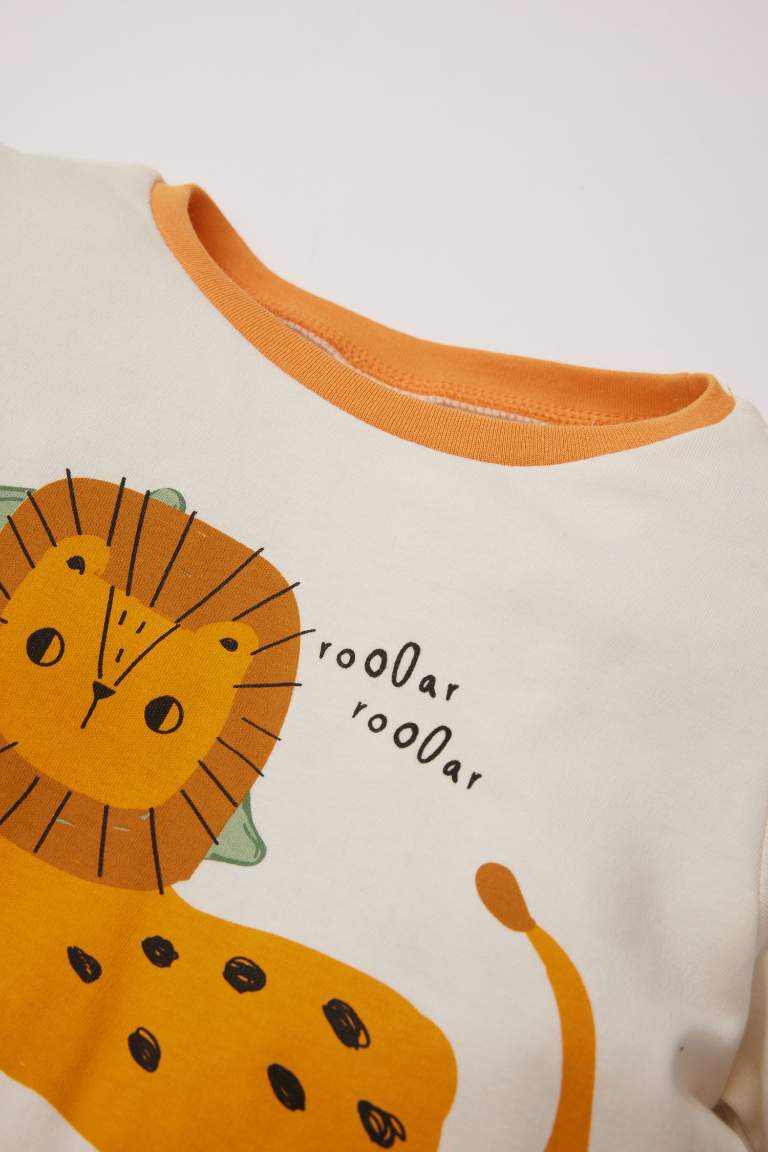 Erkek Bebek Pijama Takımı Bisiklet Yaka Aslan Baskılı Uzun Kollu Üst Beli Lastikli Uzun Alt