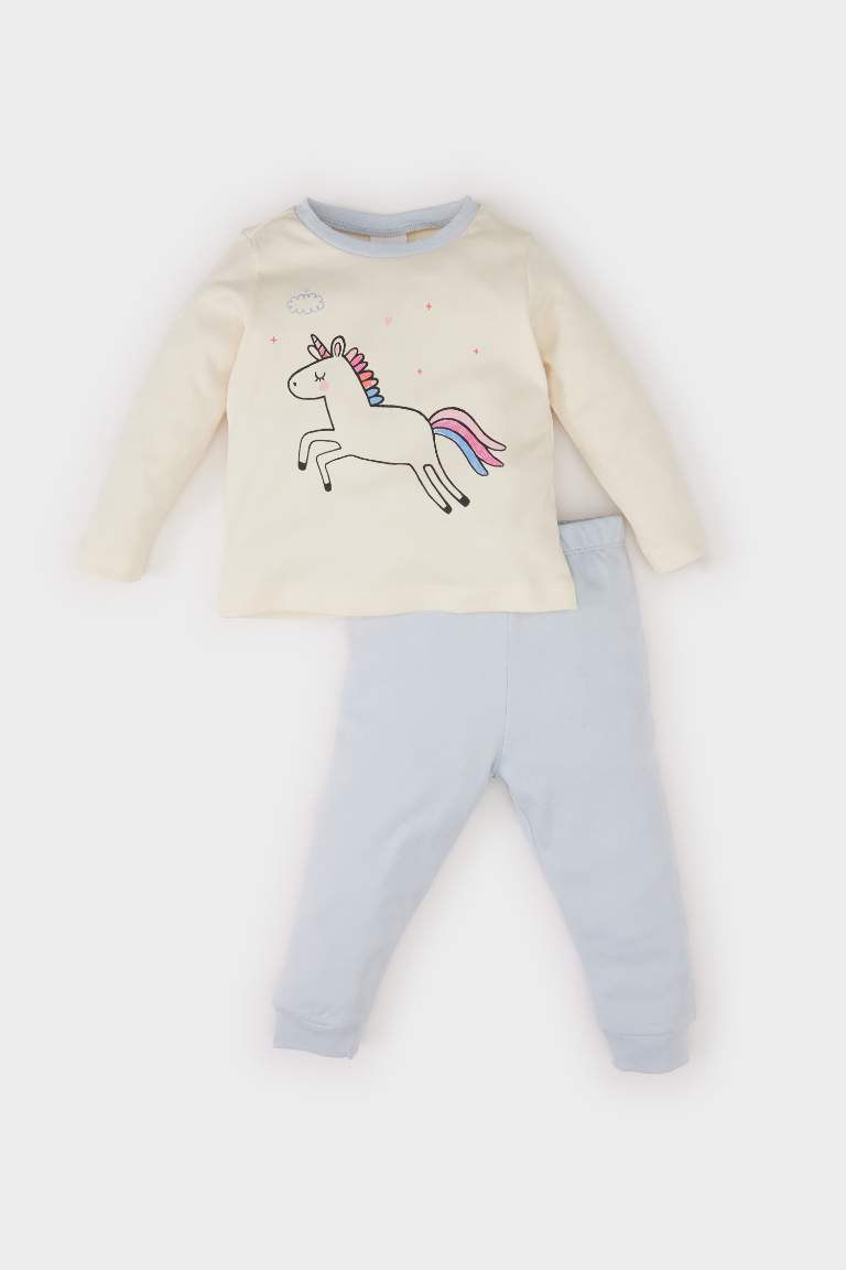 Kız Bebek Pijama Takımı Bisiklet Yaka Unicorn Baskılı Uzun Kollu Üst Beli Lastikli Uzun Alt