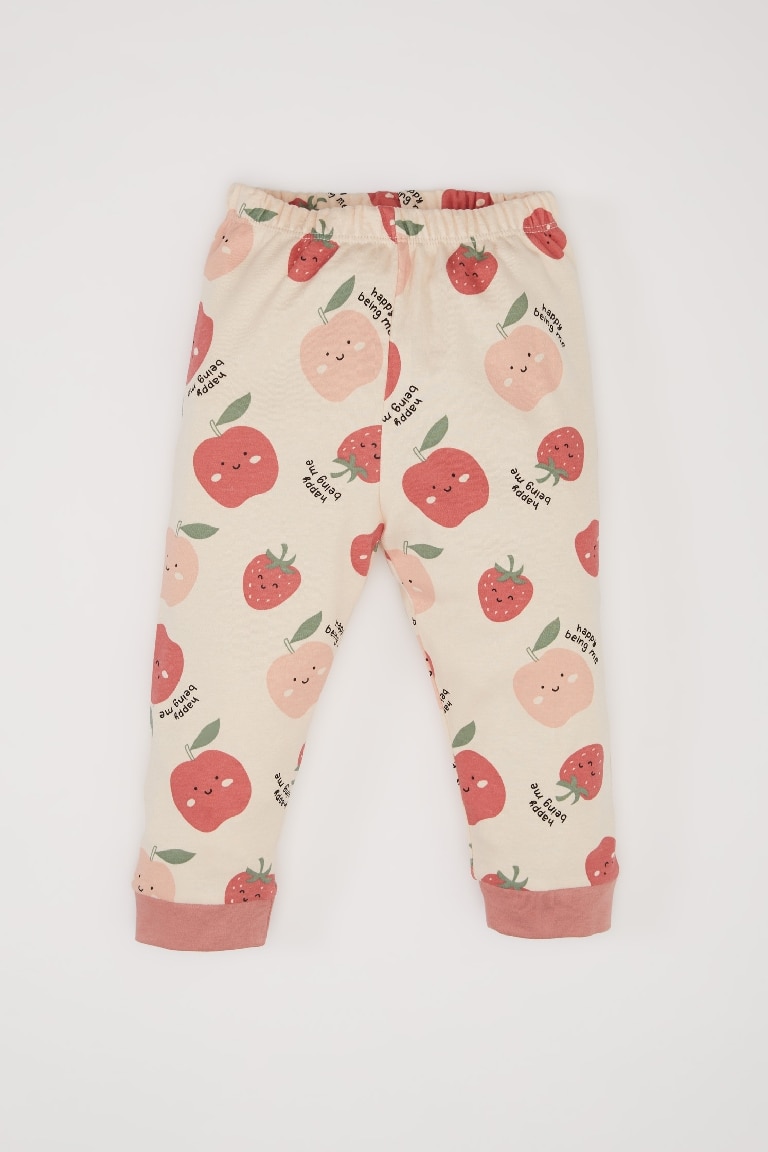 Kız Bebek Pijama Takımı Bisiklet Yaka Meyve Desenli Uzun Kollu Üst Beli Lastikli Uzun Alt