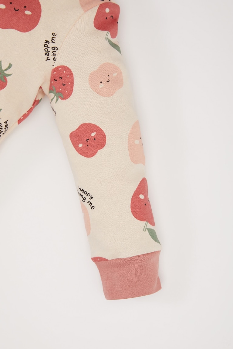 Kız Bebek Pijama Takımı Bisiklet Yaka Meyve Desenli Uzun Kollu Üst Beli Lastikli Uzun Alt