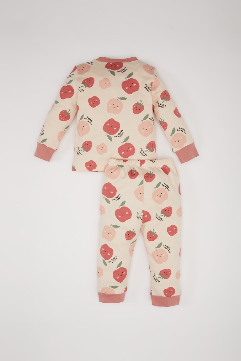 Kız Bebek Pijama Takımı Bisiklet Yaka Meyve Desenli Uzun Kollu Üst Beli Lastikli Uzun Alt