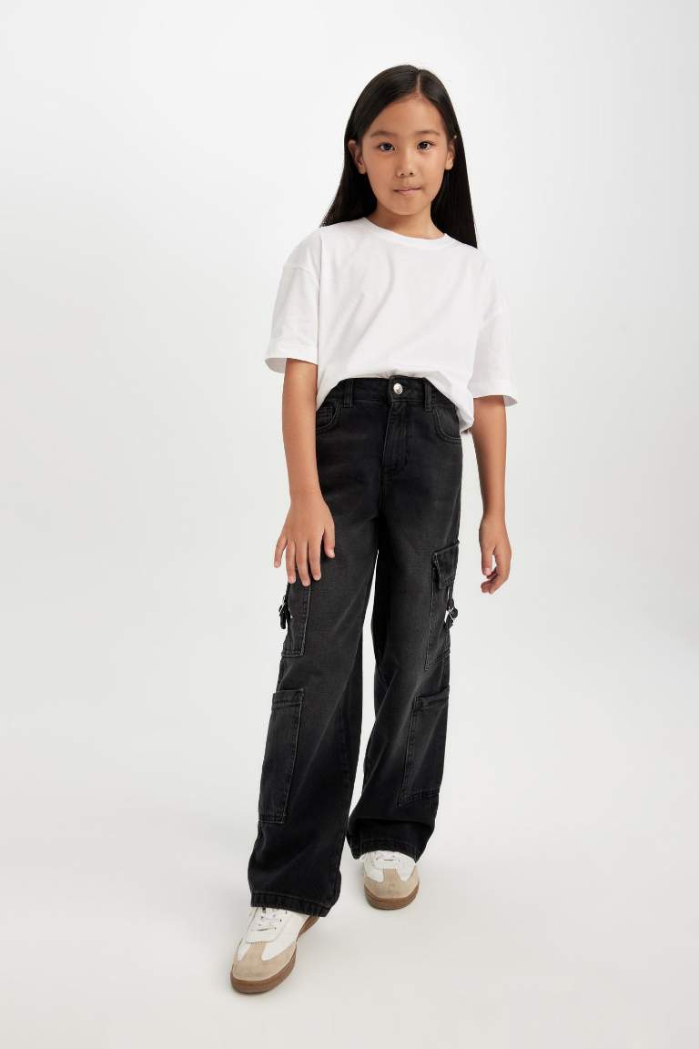 Kız Çocuk Wide Leg Kargo Cepli Geniş Bol Paça Antrasit Jean Pantolon