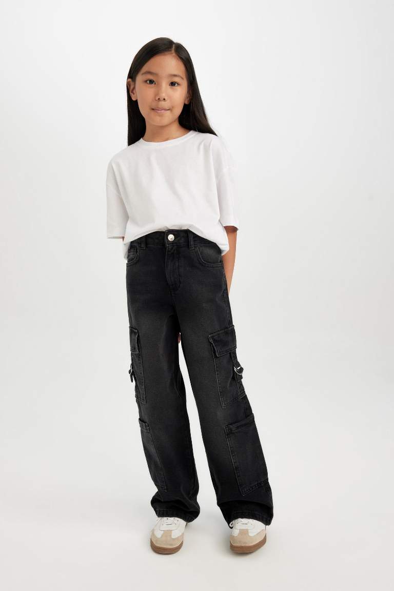 Kız Çocuk Wide Leg Kargo Cepli Geniş Bol Paça Antrasit Jean Pantolon