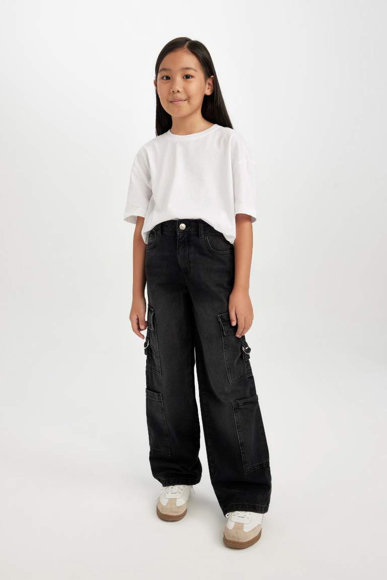 Kız Çocuk Wide Leg Kargo Cepli Geniş Bol Paça Antrasit Jean Pantolon