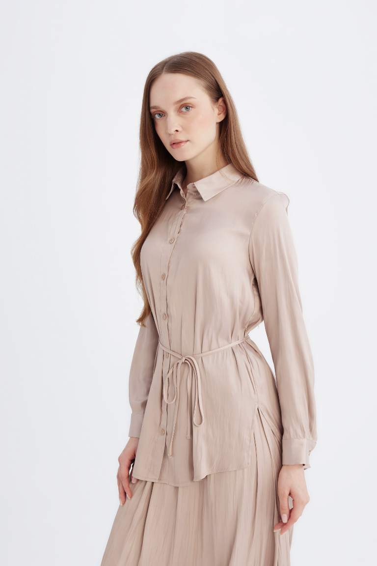 Relax Fit Gömlek Yaka Basic Düz Saten Beli Bağcıklı Uzun Kollu Gömlek Tunik