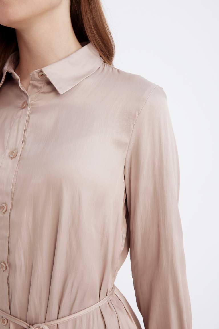 Relax Fit Gömlek Yaka Basic Düz Saten Beli Bağcıklı Uzun Kollu Gömlek Tunik