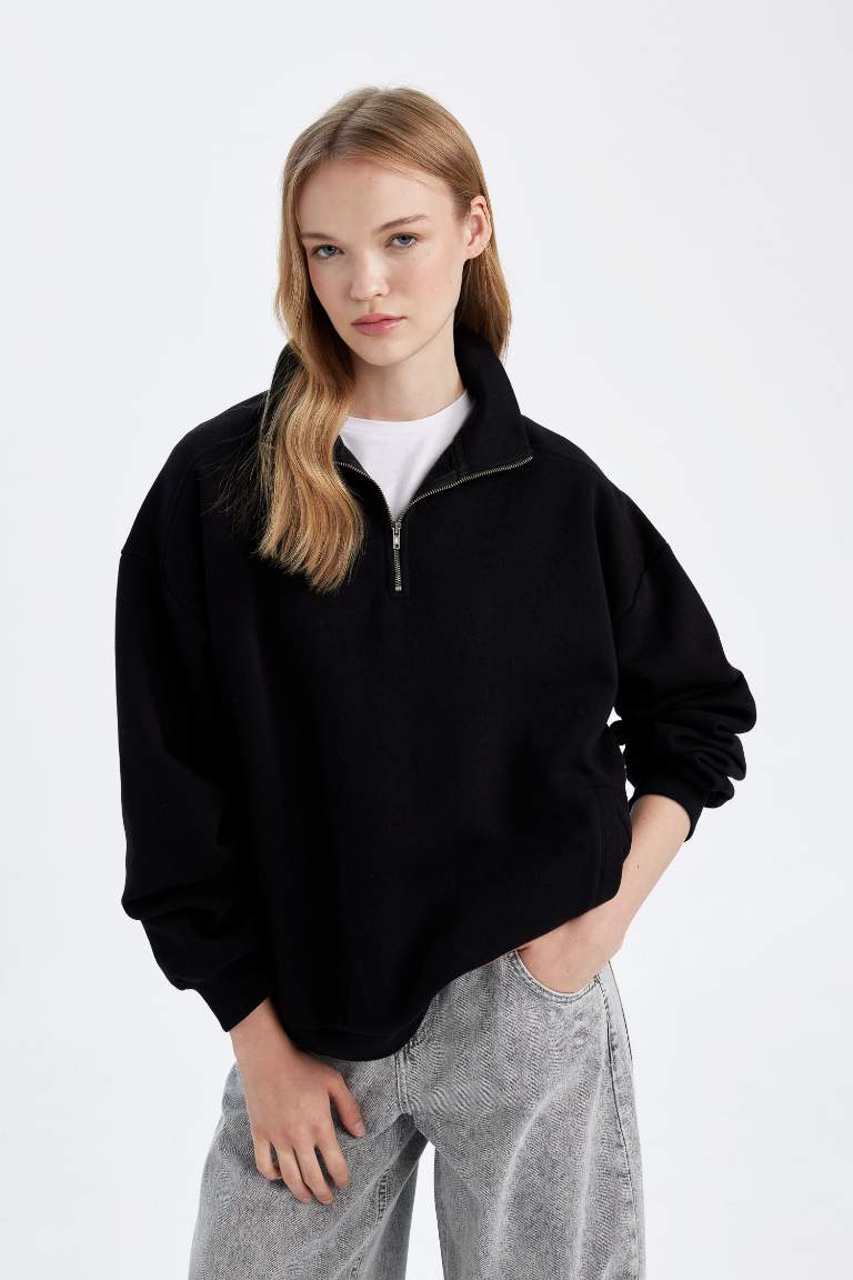 Sweat-shirt Oversize en tissu épais basique noir à col montant zippé avec poches