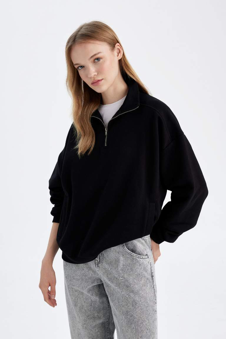 Sweat-shirt Oversize en tissu épais basique noir à col montant zippé avec poches