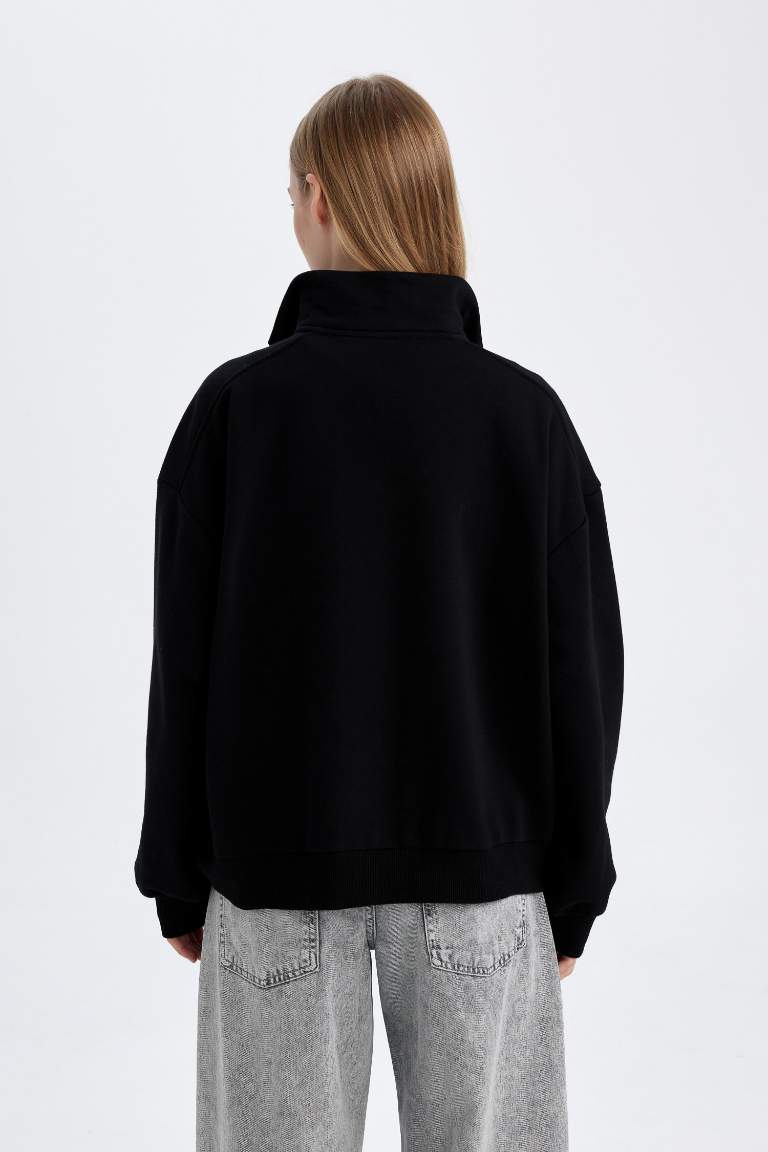 Sweat-shirt Oversize en tissu épais basique noir à col montant zippé avec poches