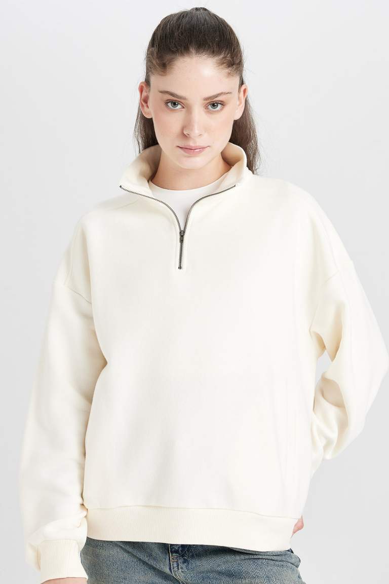 Oversize Fit Zippered Basic Thick Sweatshirt