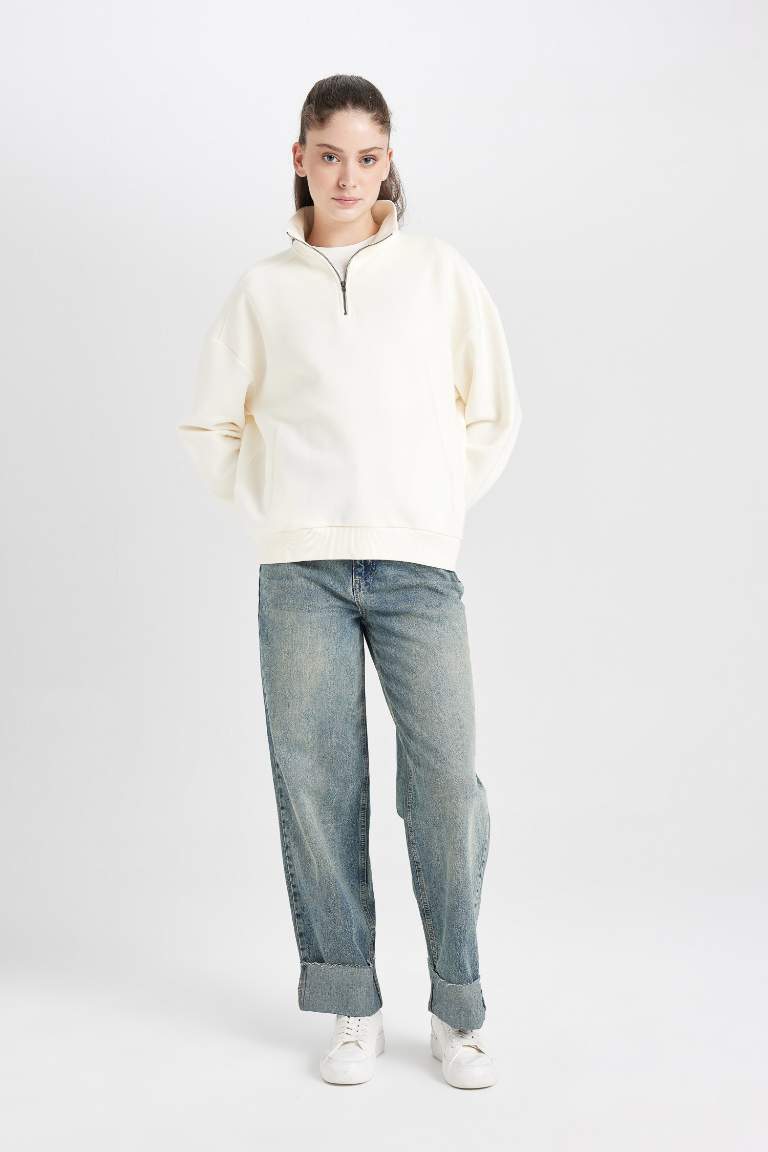 Oversize Fit Zippered Basic Thick Sweatshirt