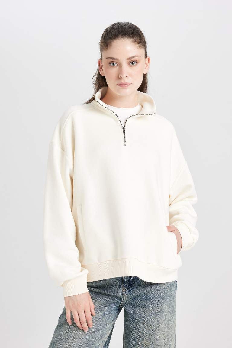 Oversize Fit Zippered Basic Thick Sweatshirt