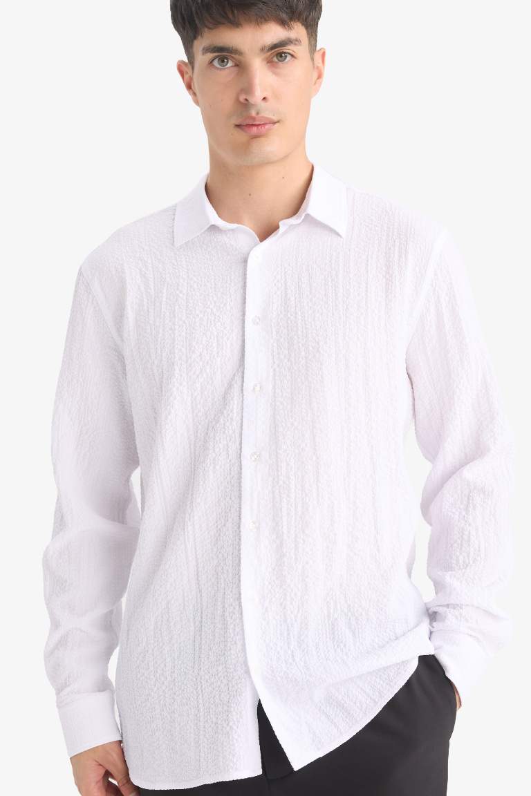 Modern Fit Polo Yaka Dokulu Esnek Kumaş Uzun Kollu Gömlek