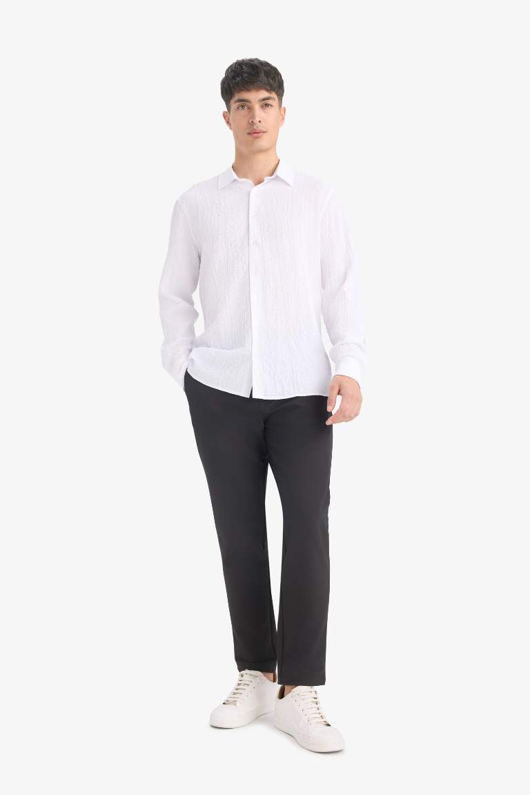 Modern Fit Polo Yaka Dokulu Esnek Kumaş Uzun Kollu Gömlek