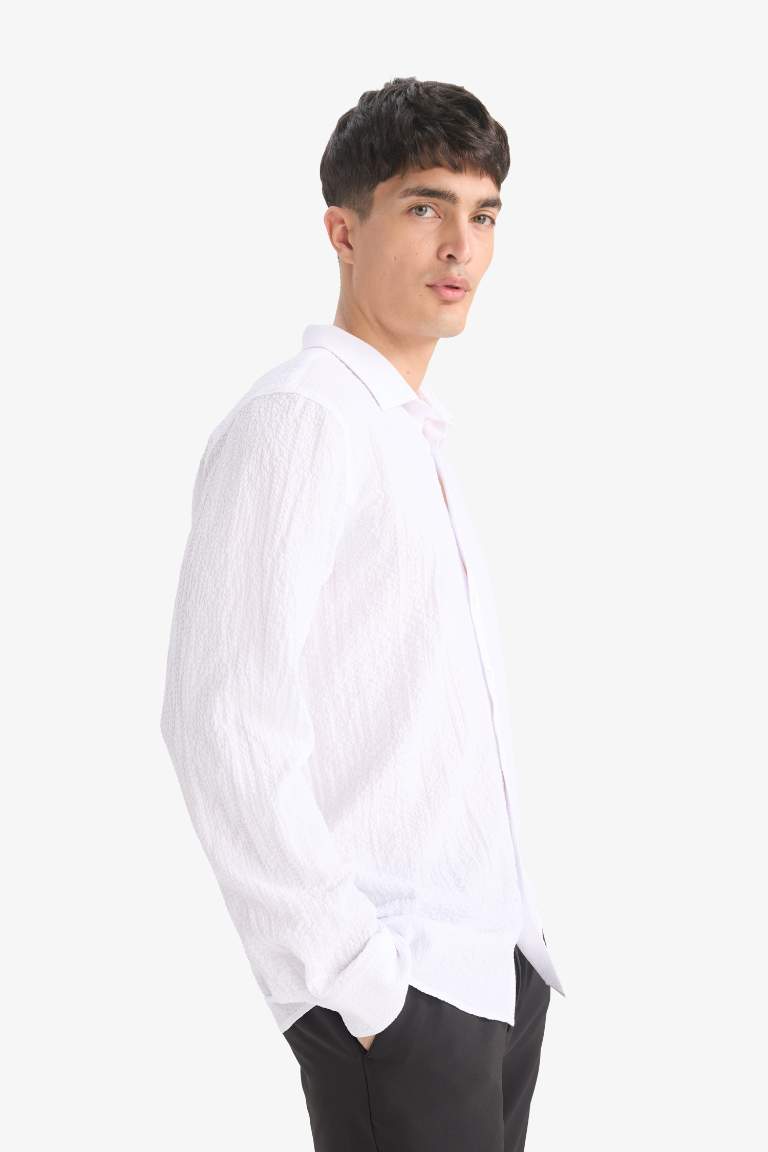 Modern Fit Polo Yaka Dokulu Esnek Kumaş Uzun Kollu Gömlek