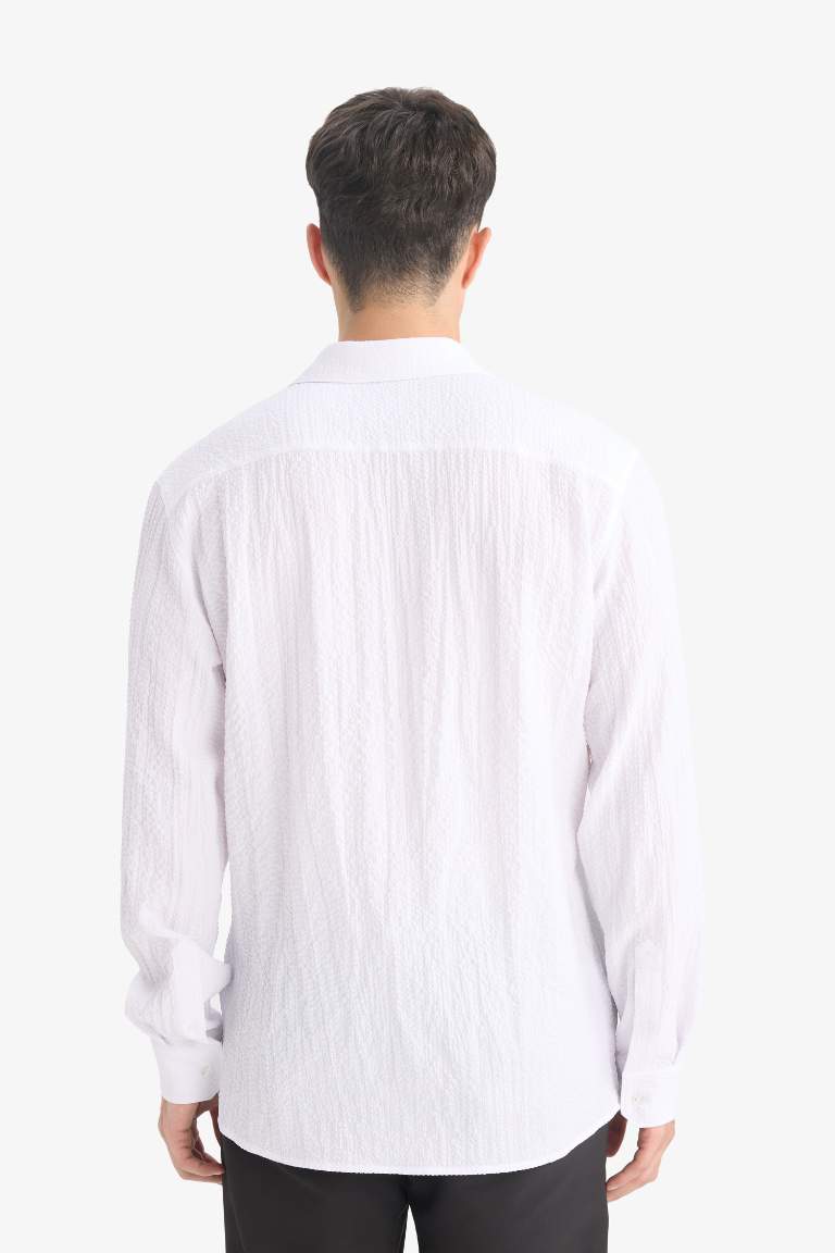 Modern Fit Polo Yaka Dokulu Esnek Kumaş Uzun Kollu Gömlek