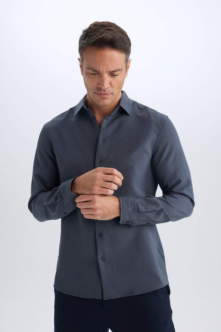 Modern Fit Polo Collar Woven Long Sleeve Shirt