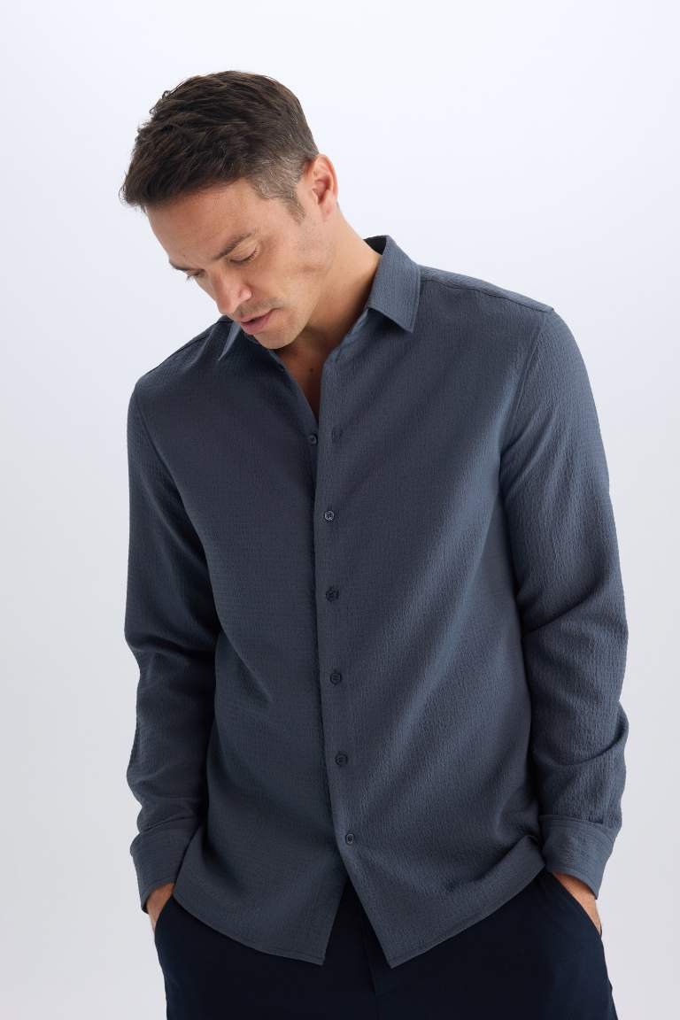 Modern Fit Polo Collar Woven Long Sleeve Shirt