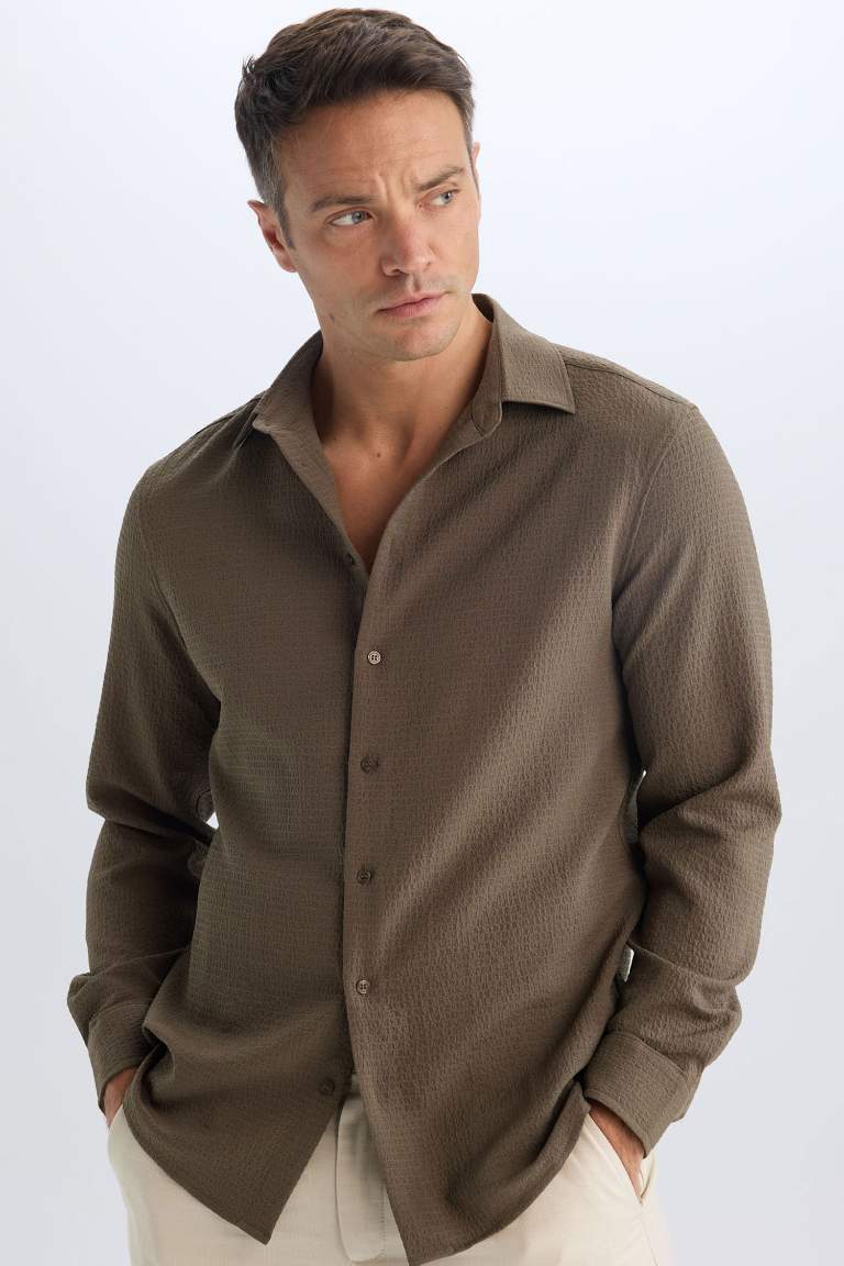 Modern Fit Polo Collar Woven Long Sleeve Shirt