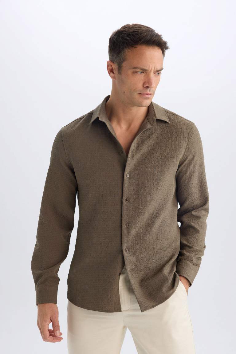 Modern Fit Polo Collar Woven Long Sleeve Shirt