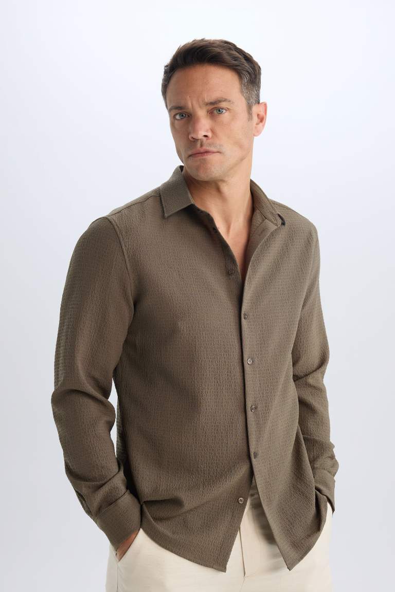 Modern Fit Polo Collar Woven Long Sleeve Shirt